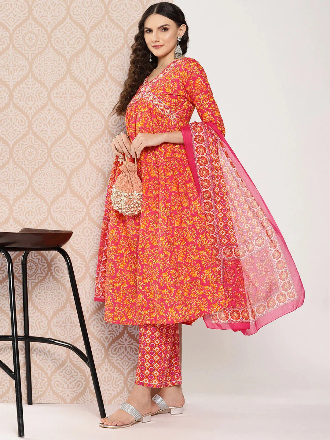 Yufta Orange Floral Printed Regular Sequinned Pure Cotton Kurta with Trousers & Dupatta Set