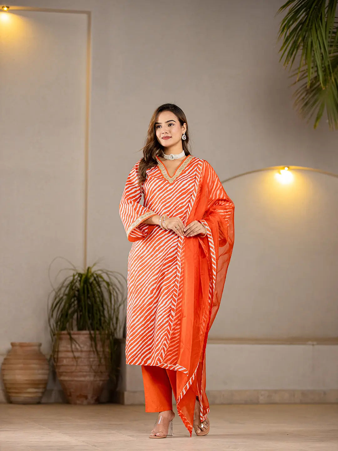 Yufta Orange Leheriya Print Cotton Straight Suit Set - Distacart