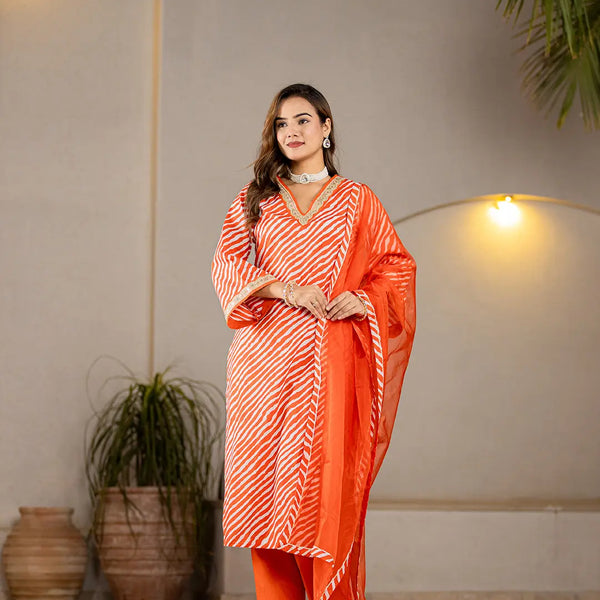 Yufta Orange Leheriya Print Cotton Straight Suit Set - Distacart