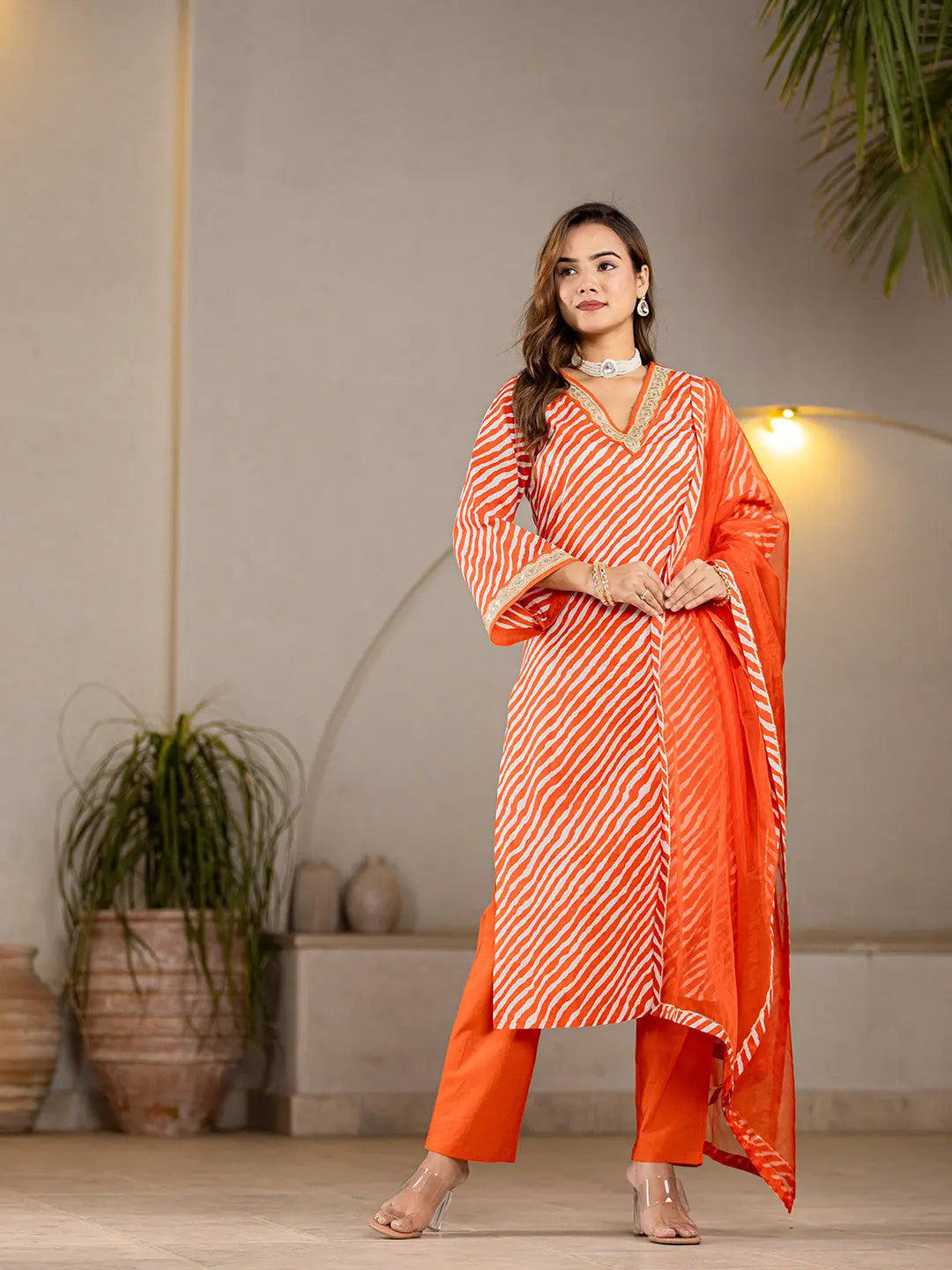 Yufta Orange Leheriya Print Cotton Straight Suit Set - Distacart
