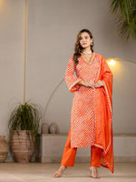Thumbnail for Yufta Orange Leheriya Print Cotton Straight Suit Set
