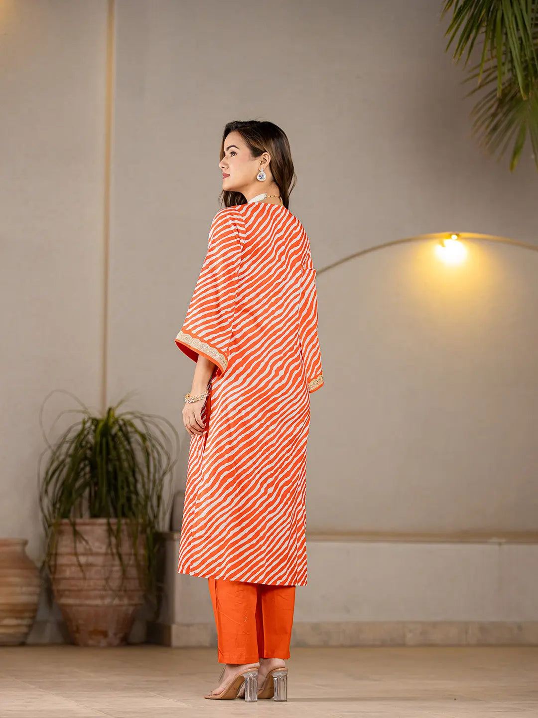 Yufta Orange Leheriya Print Cotton Straight Suit Set
