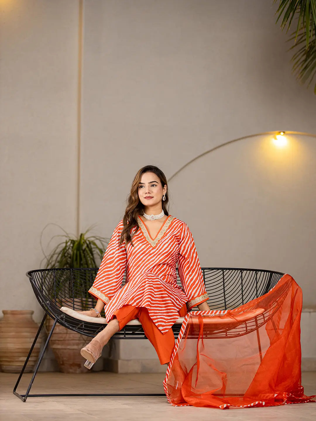 Yufta Orange Leheriya Print Cotton Straight Suit Set