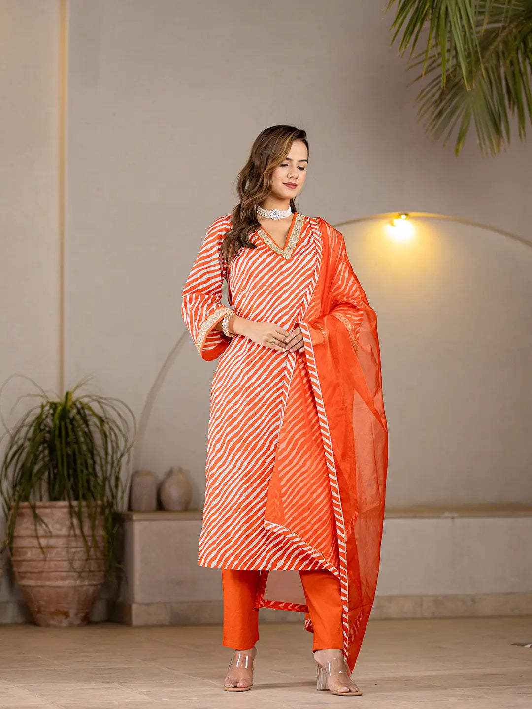 Yufta Orange Leheriya Print Cotton Straight Suit Set