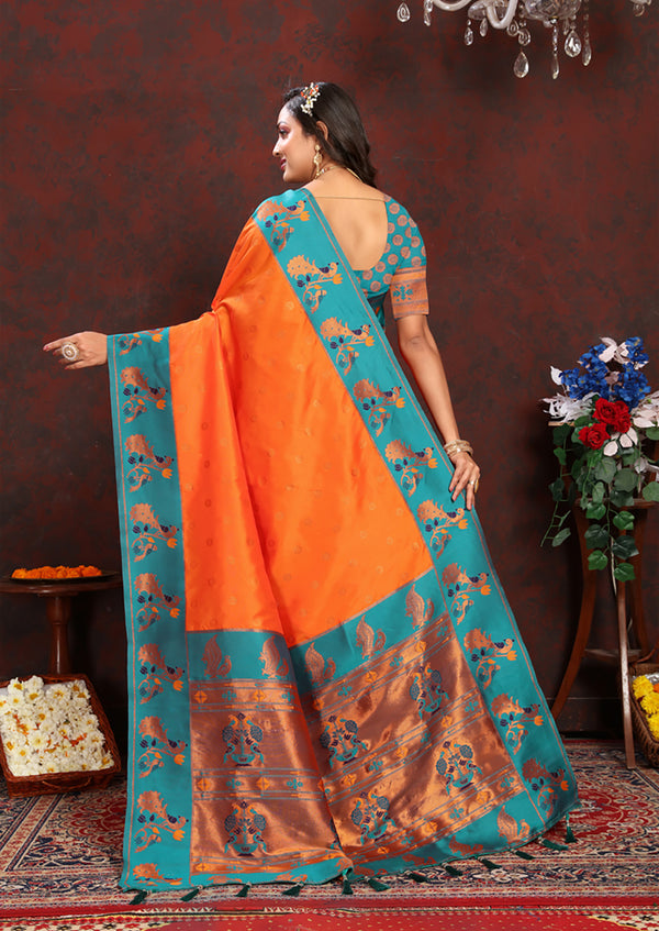 Lorenvalley Fashion Orange Soft Paithani Silk Woven Design Rich Zari Meenakari Weaving Saree - Distacart