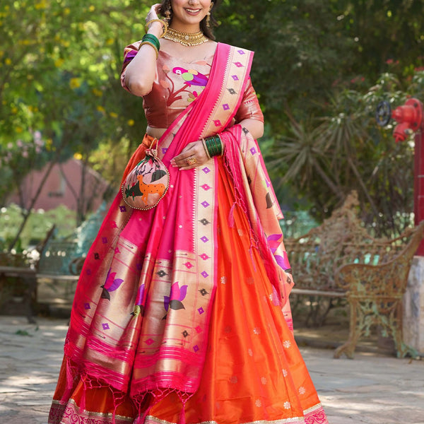 Lorenvalley Orange Jacquard Silk Paithani Weaving Zari Lehenga Choli with Dupatta - Distacart