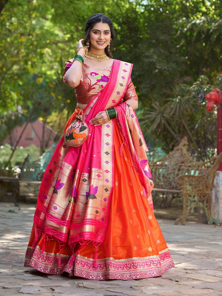 Lorenvalley Orange Jacquard Silk Paithani Weaving Zari Lehenga Choli with Dupatta - Distacart