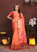 Thumbnail for Lorenvalley Fashion Orange Organza Silk Woven Design with Rich Meenakari Weaving Pallu Saree - Distacart
