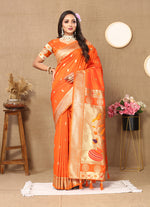 Thumbnail for Lorenvalley Fashion Orange Soft Paithani Silk Woven Design Rich Zari Meenakari Weaving Saree - Distacart