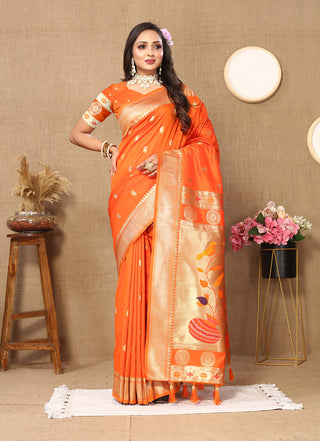 Lorenvalley Fashion Orange Soft Paithani Silk Woven Design Rich Zari Meenakari Weaving Saree - Distacart