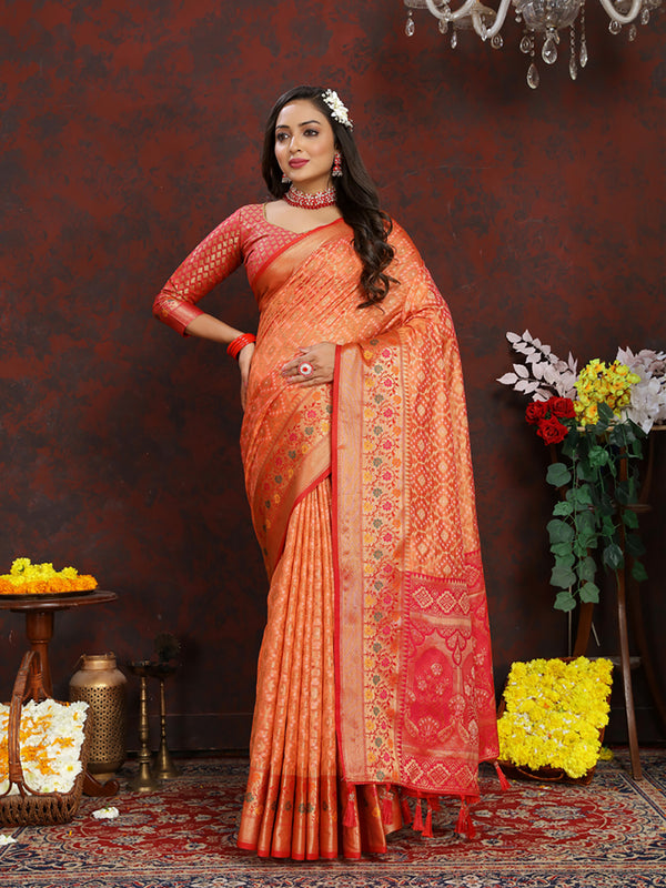 Lorenvalley Fashion Orange Organza Silk Woven Design with Rich Meenakari Weaving Pallu Saree - Distacart