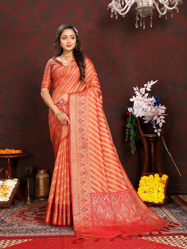 Lorenvalley Fashion Orange Organza Silk Woven Design with Rich Meenakari Weaving Pallu Saree - Distacart