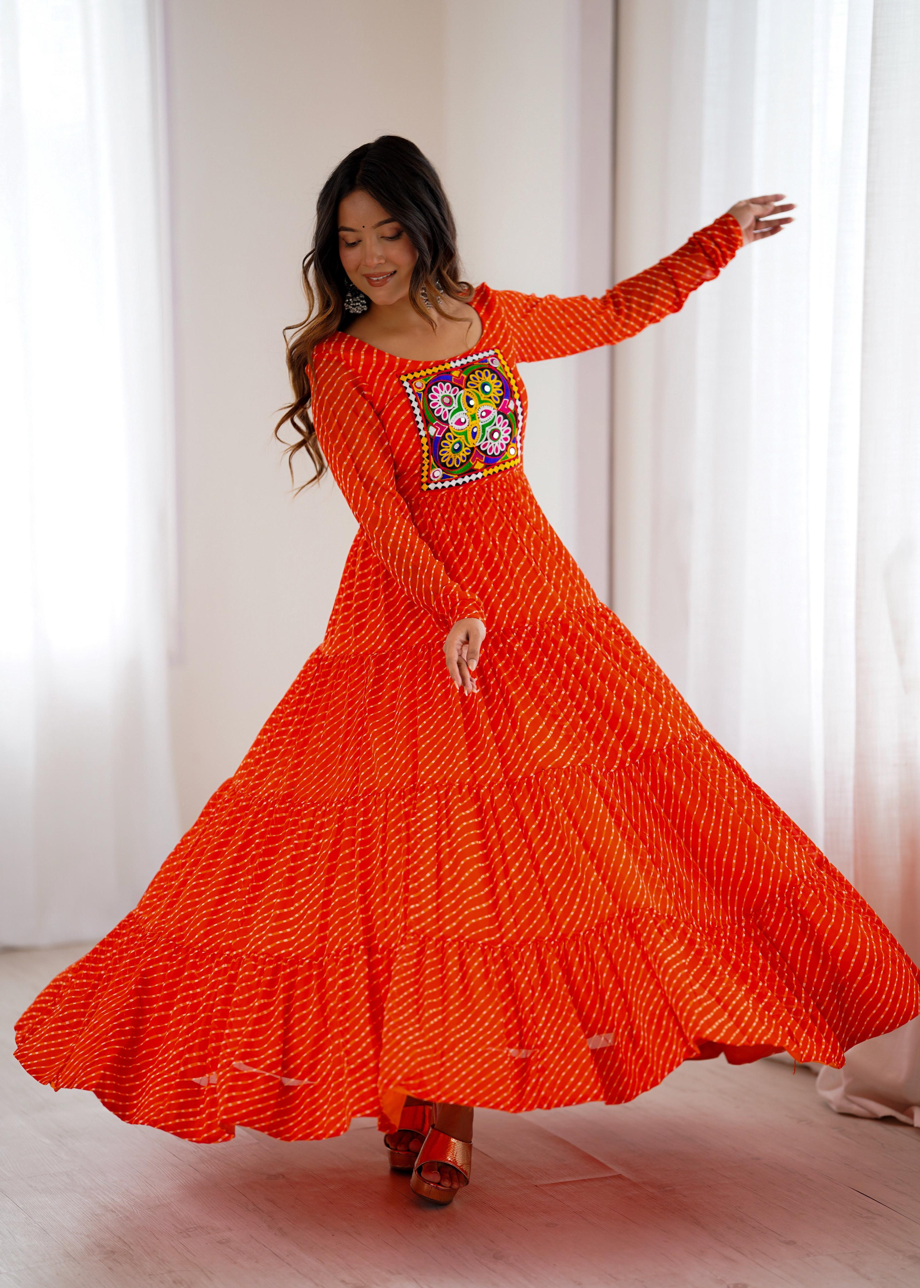 Lorenvalley Fashion Women Pure Soft Faux Georgette Leheriya Print Anarkali Gown