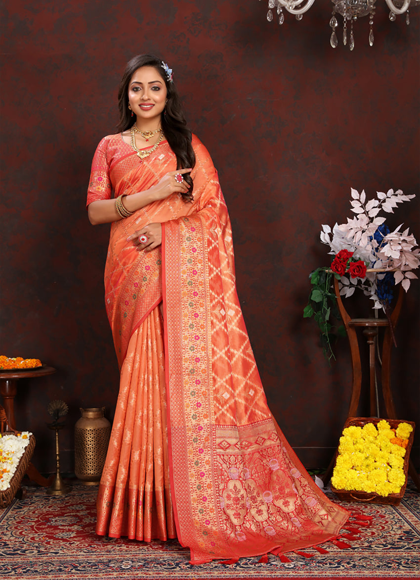 Lorenvalley Fashion Orange Organza Silk Woven Design with Rich Meenakari Weaving Pallu Saree - Distacart