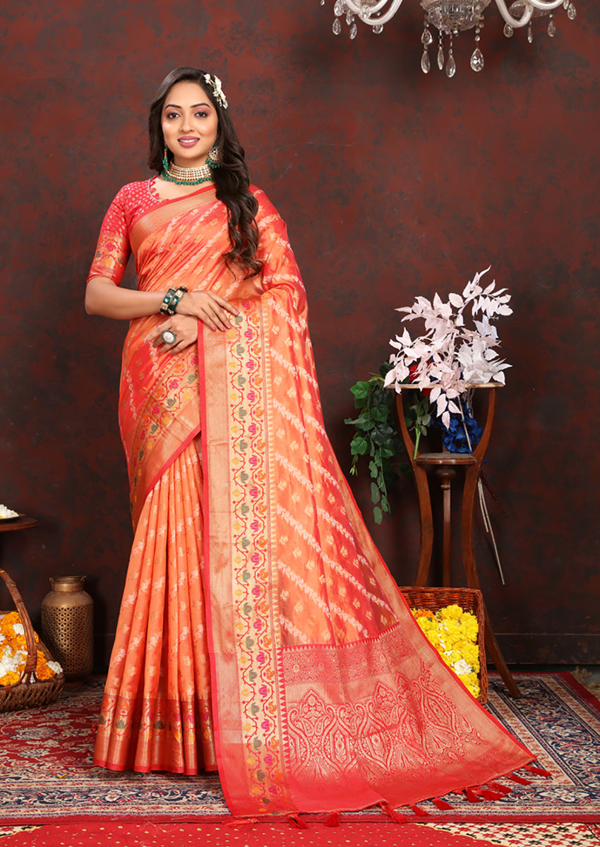 Lorenvalley Fashion Orange Organza Silk Woven Design with Rich Meenakari Weaving Pallu Saree - Distacart