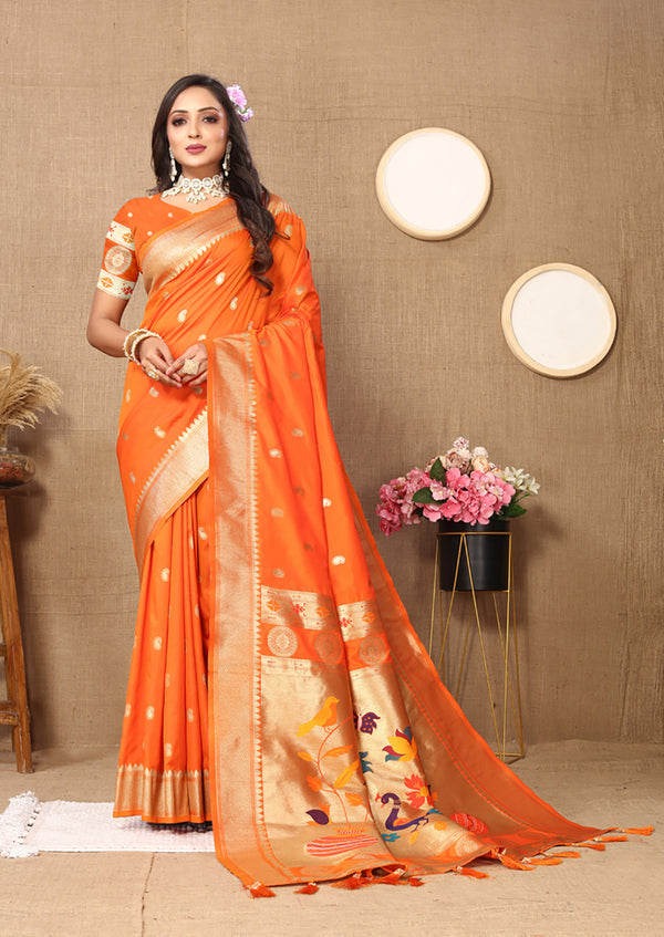 Lorenvalley Fashion Orange Soft Paithani Silk Woven Design Rich Zari Meenakari Weaving Saree - Distacart