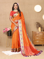 Thumbnail for Lorenvalley Fashion Orange Soft Paithani Silk Woven Design Rich Meenakari Zari Weaving Pallu Saree - Distacart