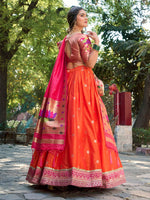 Thumbnail for Lorenvalley Orange Jacquard Silk Paithani Weaving Zari Lehenga Choli with Dupatta - Distacart