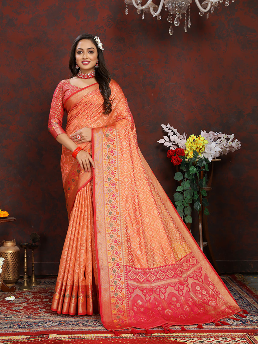 Lorenvalley Fashion Orange Organza Silk Woven Design with Rich Meenakari Weaving Pallu Saree - Distacart