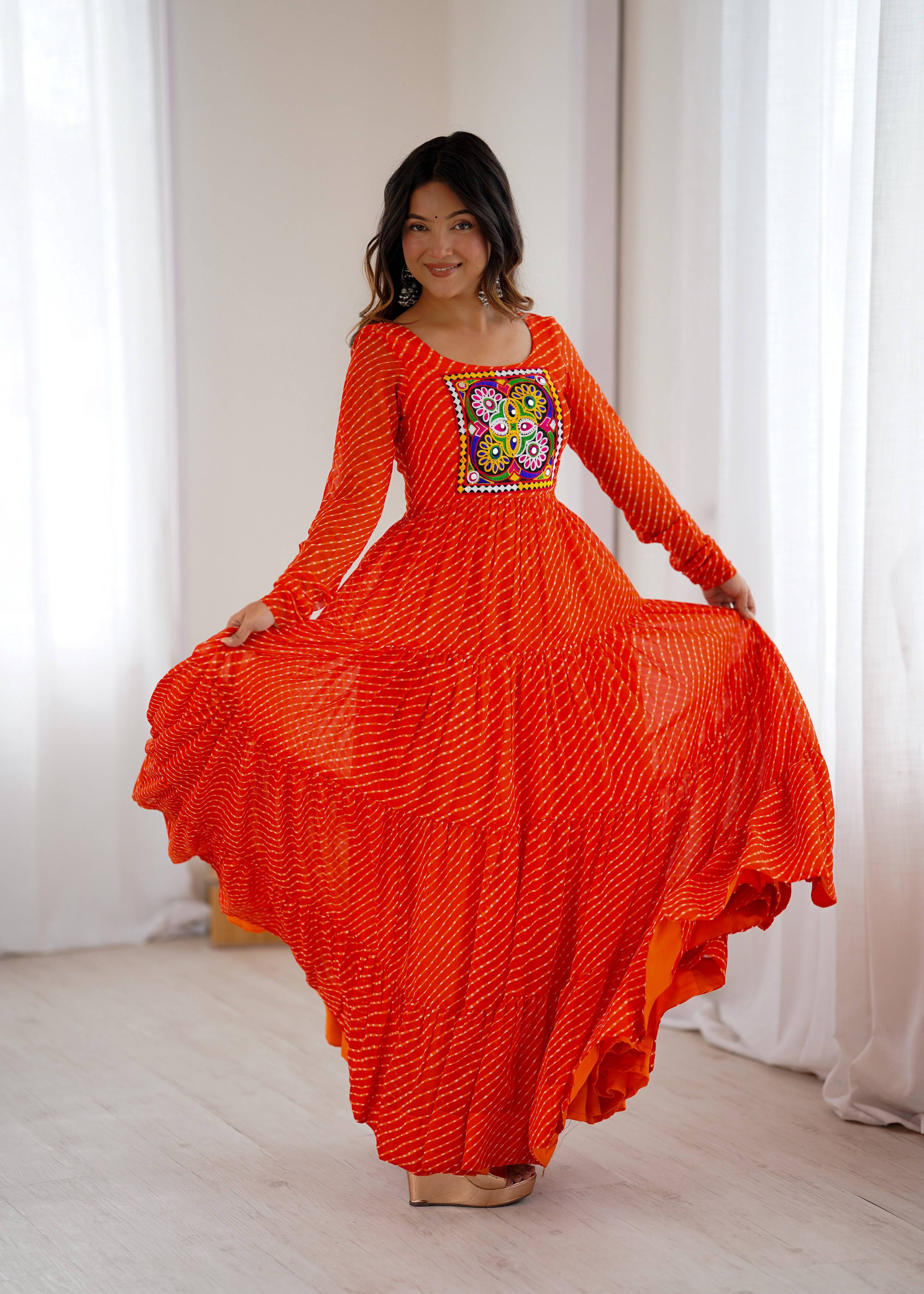 Lorenvalley Fashion Women Pure Soft Faux Georgette Leheriya Print Anarkali Gown