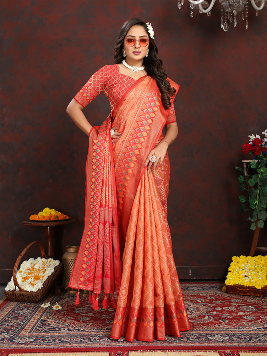 Lorenvalley Fashion Orange Organza Silk Woven Design with Rich Meenakari Weaving Pallu Saree - Distacart