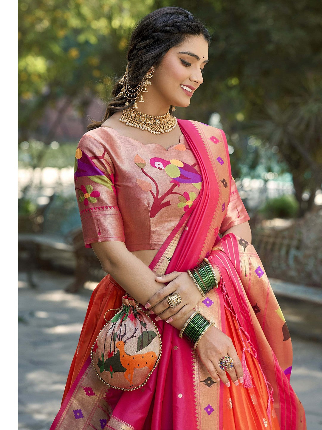 Lorenvalley Orange Jacquard Silk Paithani Weaving Zari Lehenga Choli with Dupatta - Distacart