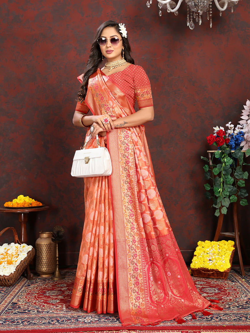 Lorenvalley Fashion Orange Organza Silk Woven Design with Rich Meenakari Weaving Pallu Saree - Distacart