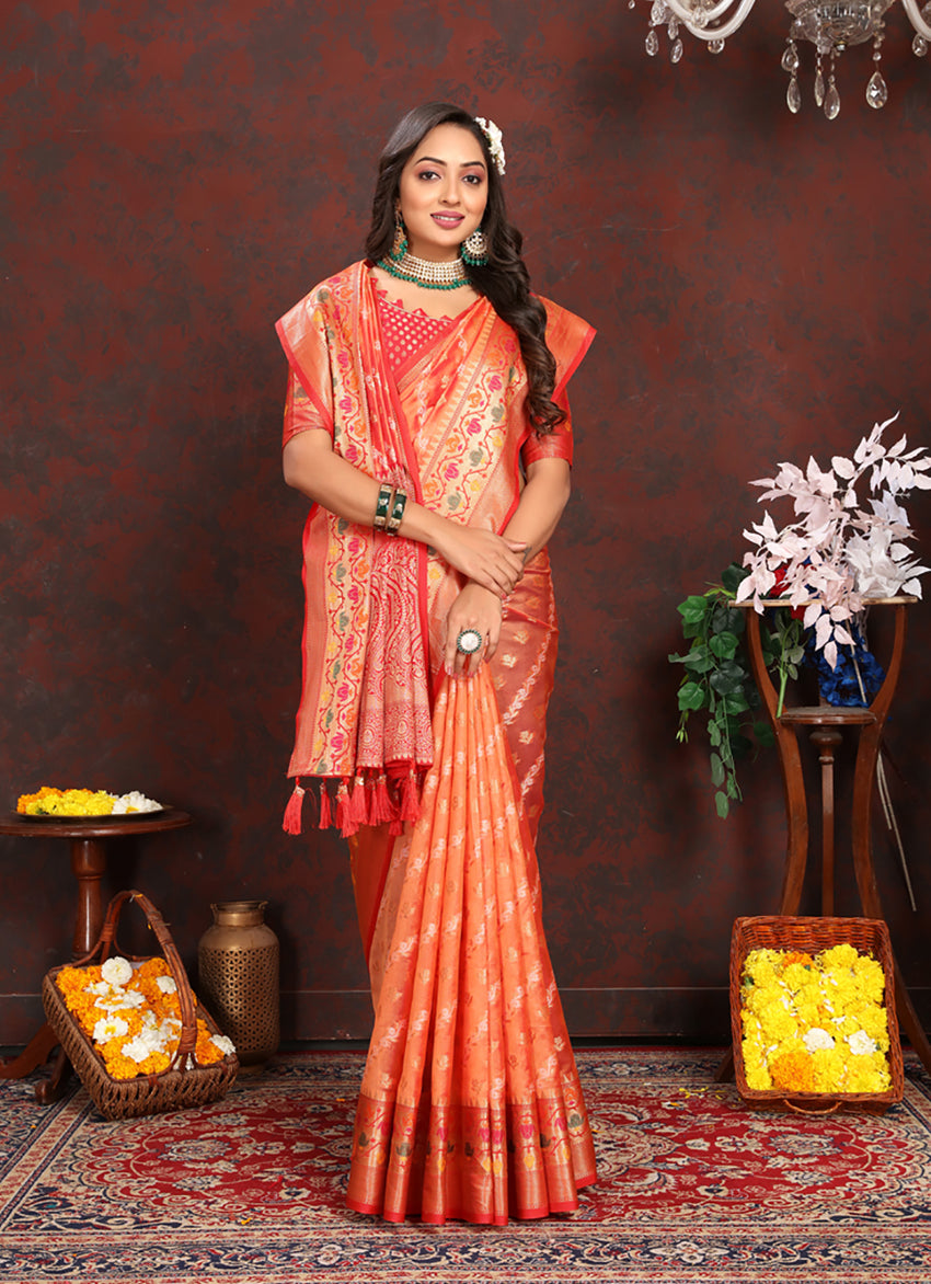 Lorenvalley Fashion Orange Organza Silk Woven Design with Rich Meenakari Weaving Pallu Saree - Distacart