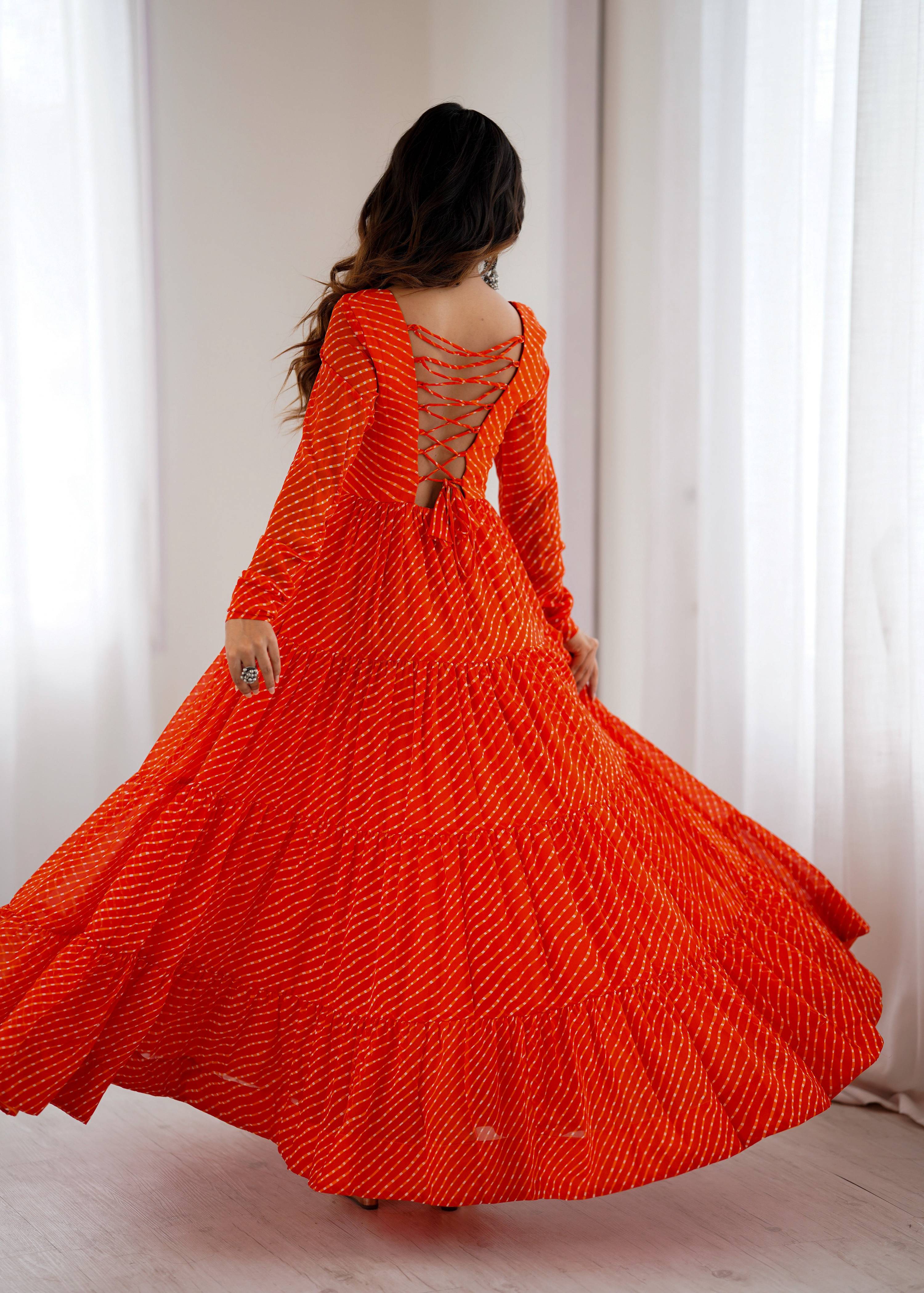 Lorenvalley Fashion Women Pure Soft Faux Georgette Leheriya Print Anarkali Gown
