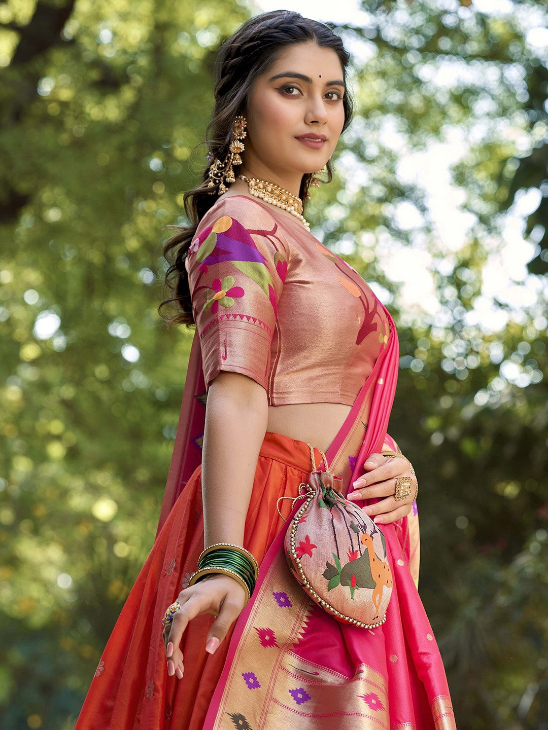 Lorenvalley Orange Jacquard Silk Paithani Weaving Zari Lehenga Choli with Dupatta - Distacart