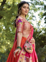 Thumbnail for Lorenvalley Orange Jacquard Silk Paithani Weaving Zari Lehenga Choli with Dupatta - Distacart
