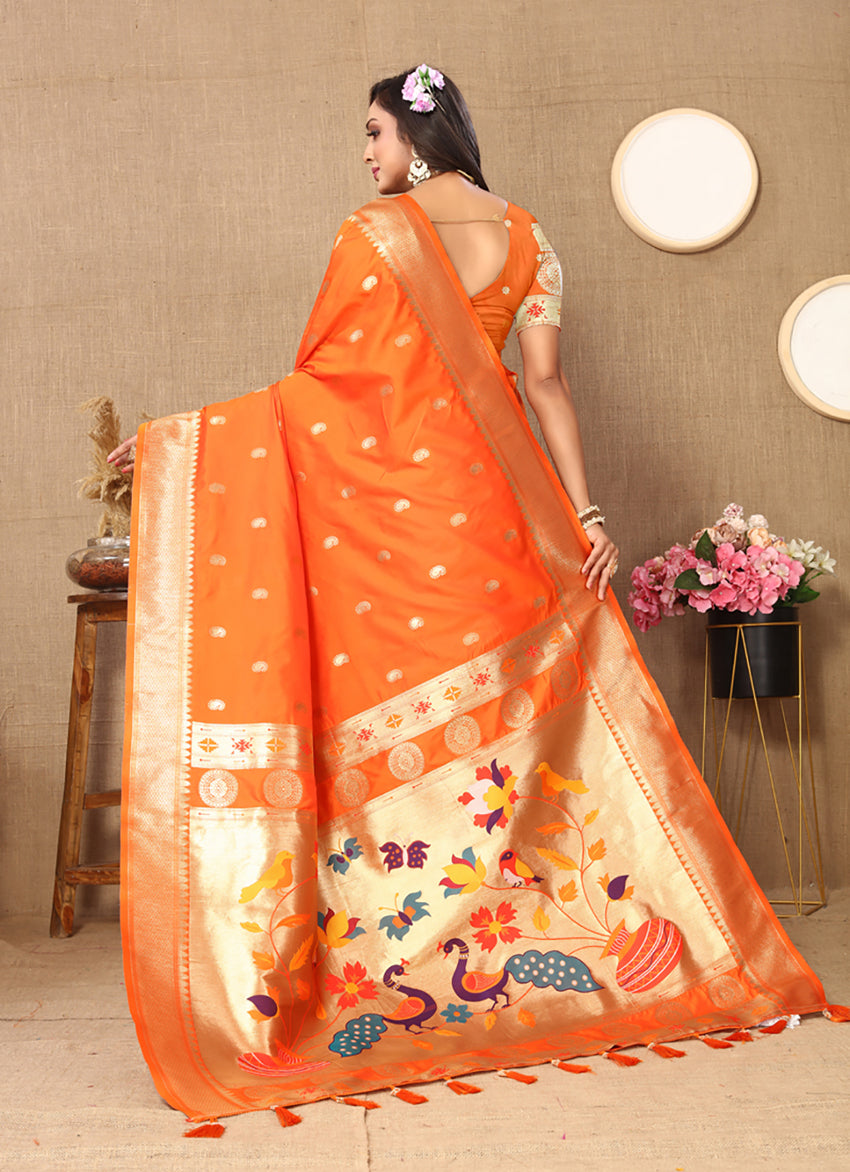 Lorenvalley Fashion Orange Soft Paithani Silk Woven Design Rich Zari Meenakari Weaving Saree - Distacart