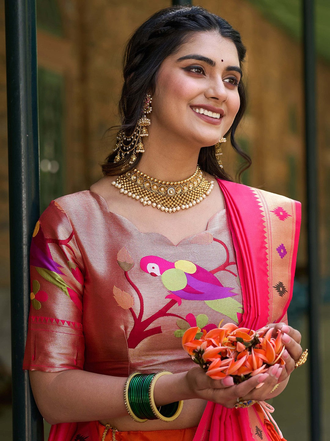Lorenvalley Orange Jacquard Silk Paithani Weaving Zari Lehenga Choli with Dupatta - Distacart