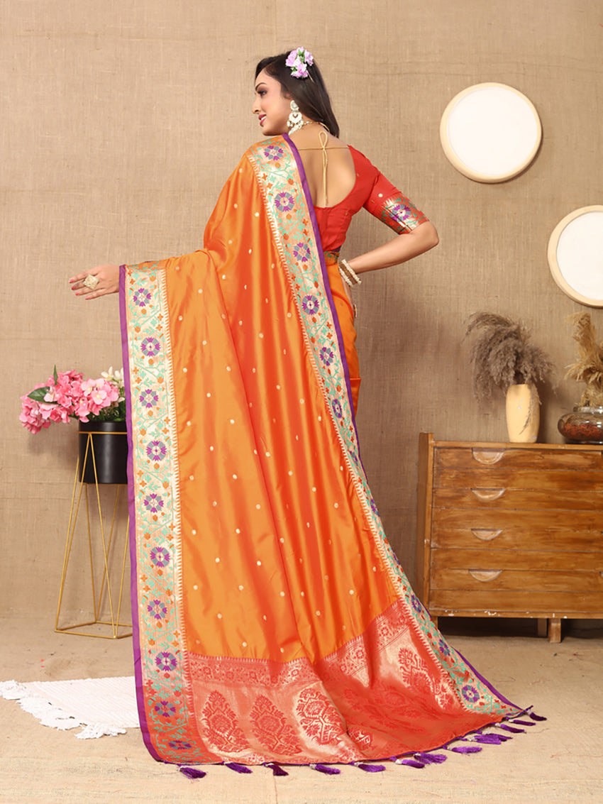 Lorenvalley Fashion Orange Soft Paithani Silk Woven Design Rich Meenakari Zari Weaving Pallu Saree - Distacart
