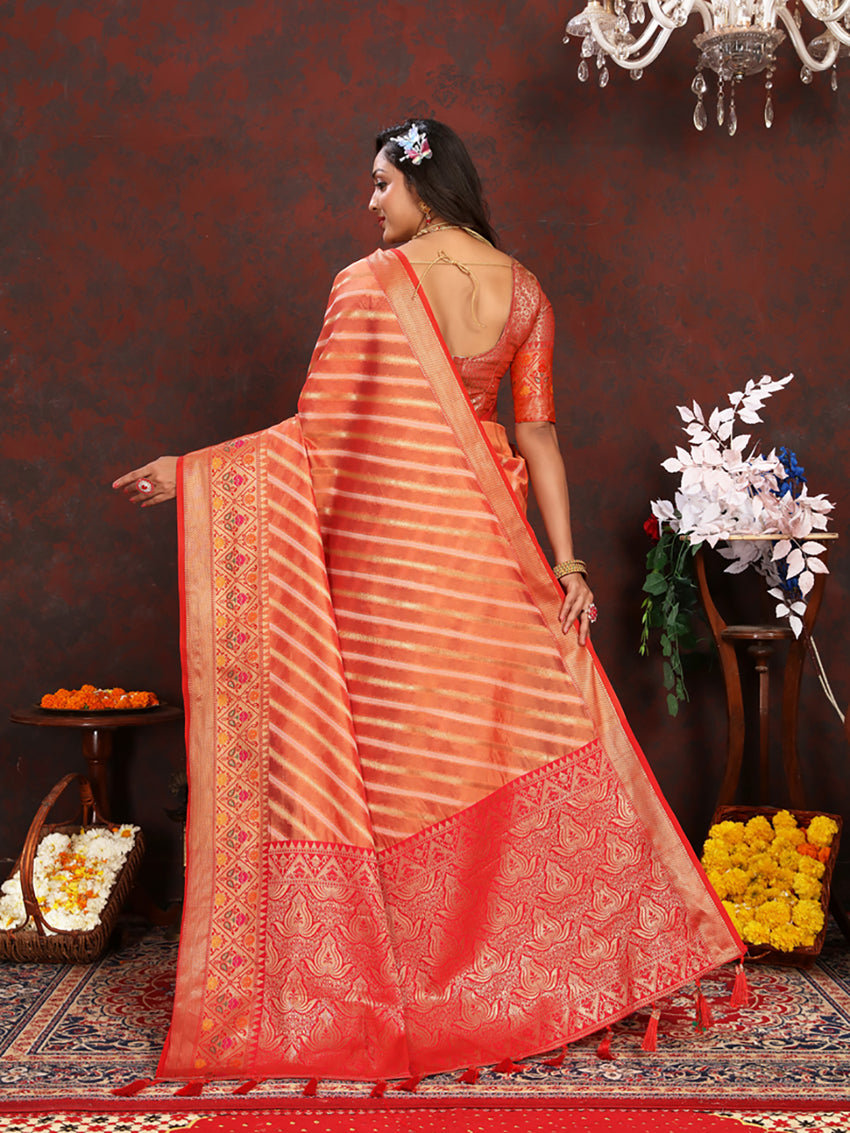 Lorenvalley Fashion Orange Organza Silk Woven Design with Rich Meenakari Weaving Pallu Saree - Distacart