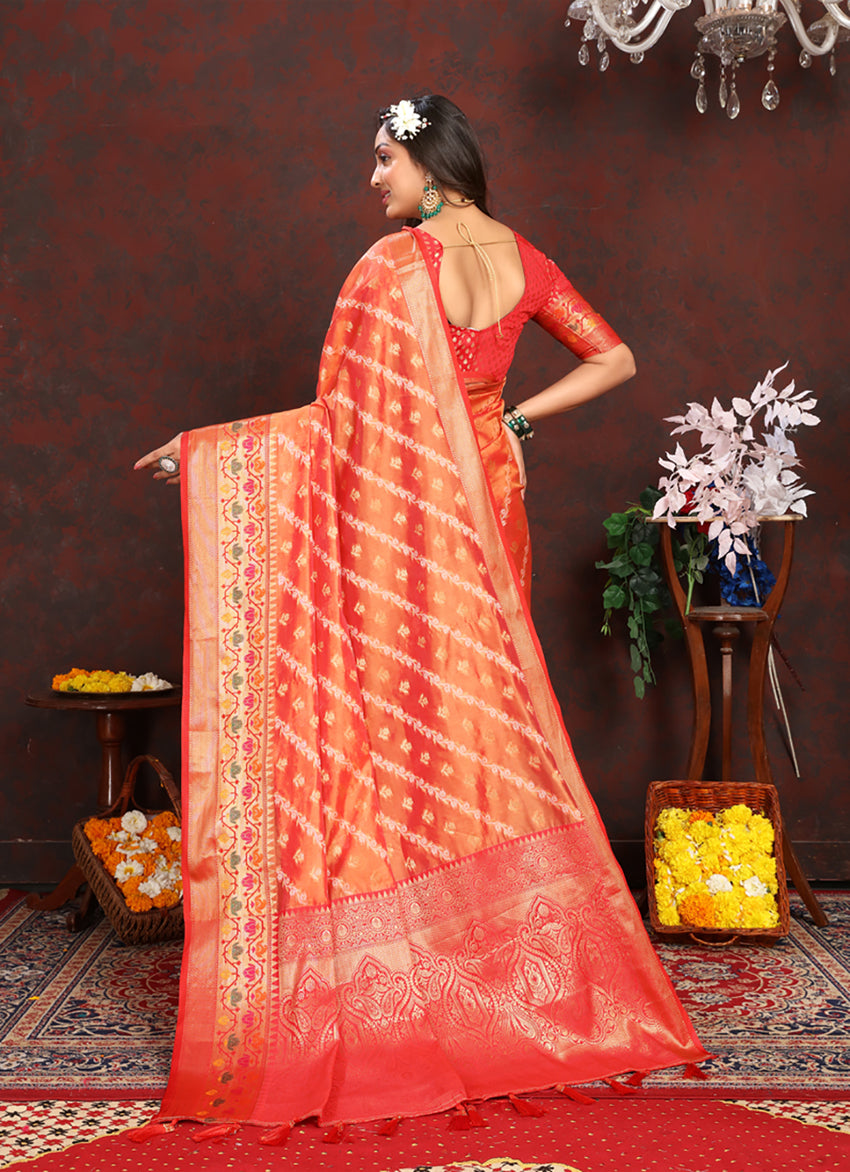 Lorenvalley Fashion Orange Organza Silk Woven Design with Rich Meenakari Weaving Pallu Saree - Distacart
