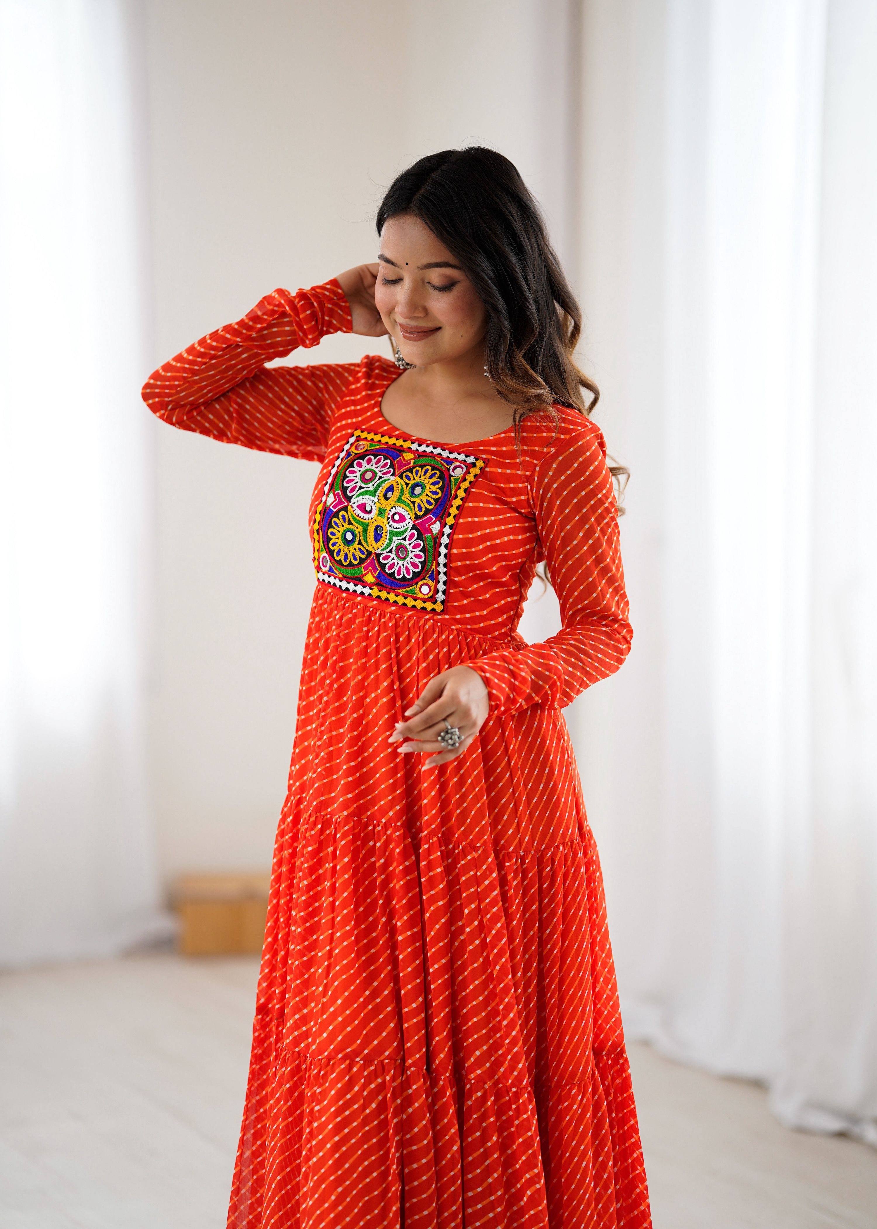 Lorenvalley Fashion Women Pure Soft Faux Georgette Leheriya Print Anarkali Gown