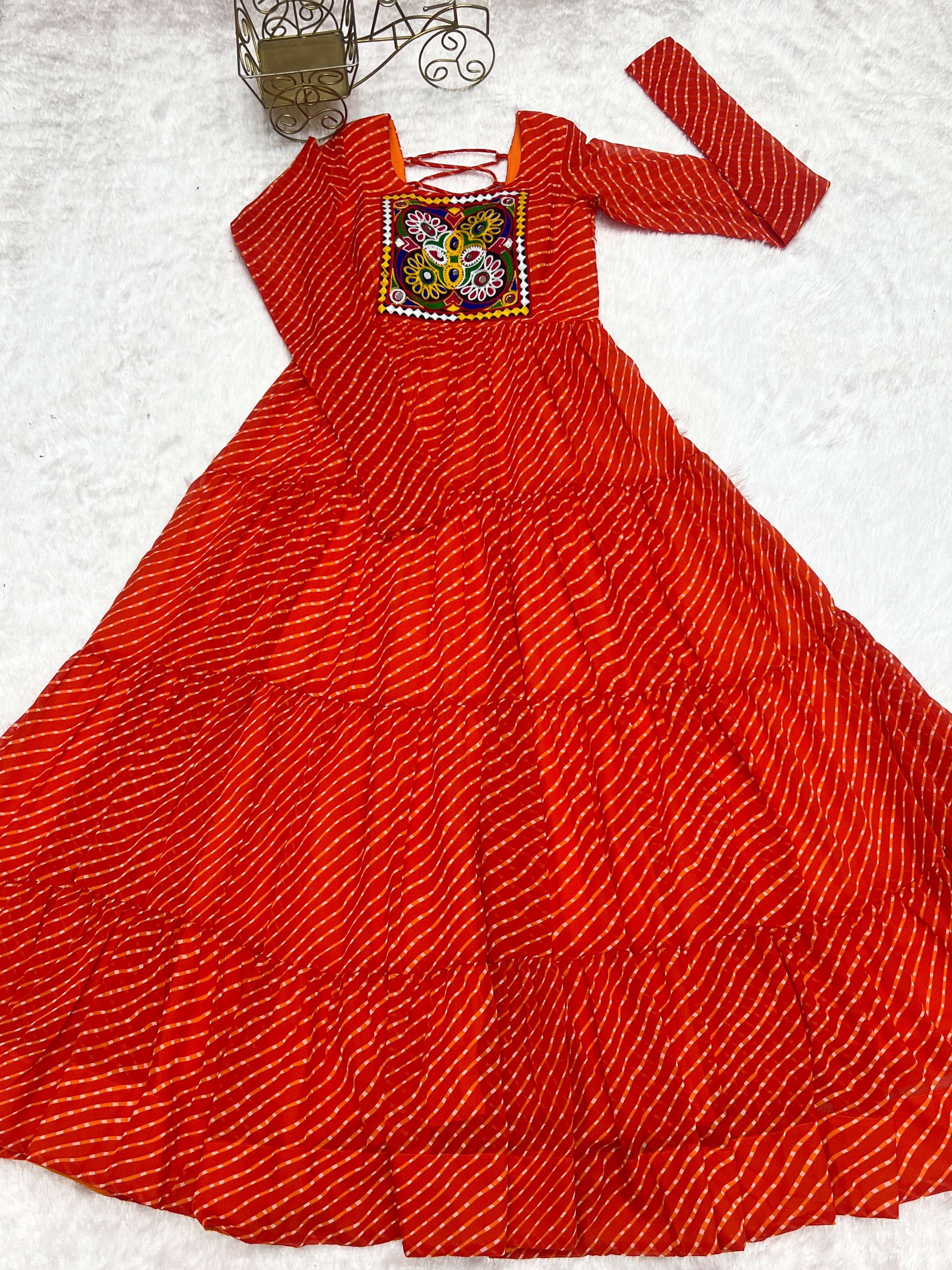 Lorenvalley Fashion Women Pure Soft Faux Georgette Leheriya Print Anarkali Gown