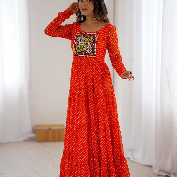 Lorenvalley Fashion Women Pure Soft Faux Georgette Leheriya Print Anarkali Gown