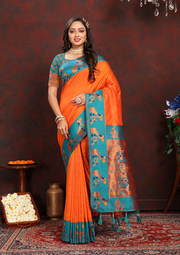 Lorenvalley Fashion Orange Soft Paithani Silk Woven Design Rich Zari Meenakari Weaving Saree - Distacart