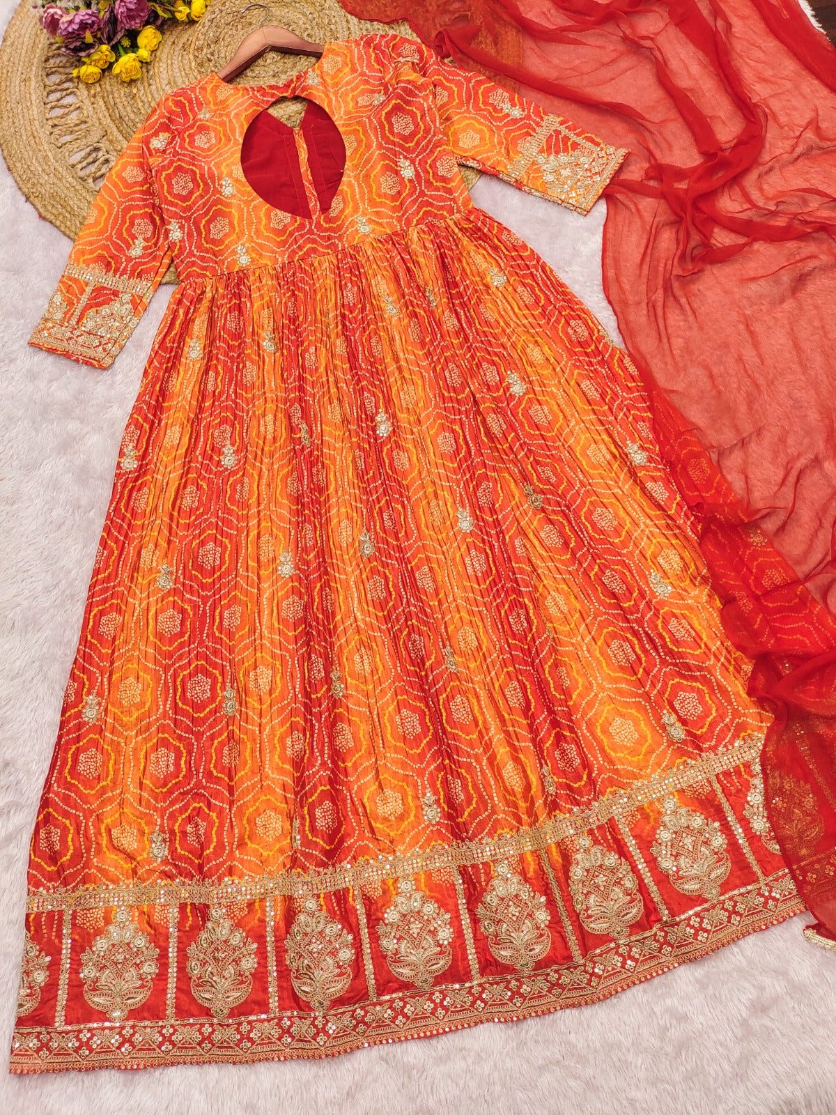 Anaita Orange Chinon Anarkali Readymade Suit with Embroidery & Coding Work - Dista
