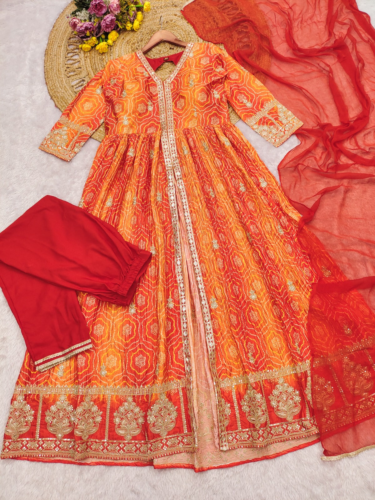 Anaita Orange Chinon Anarkali Readymade Suit with Embroidery & Coding Work - Dista