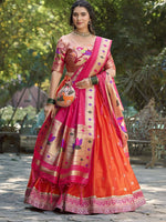 Thumbnail for Lorenvalley Orange Jacquard Silk Paithani Weaving Zari Lehenga Choli with Dupatta - Distacart