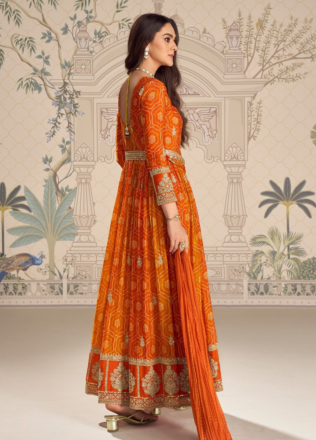 Anaita Orange Chinon Anarkali Readymade Suit with Embroidery & Coding Work - Dista