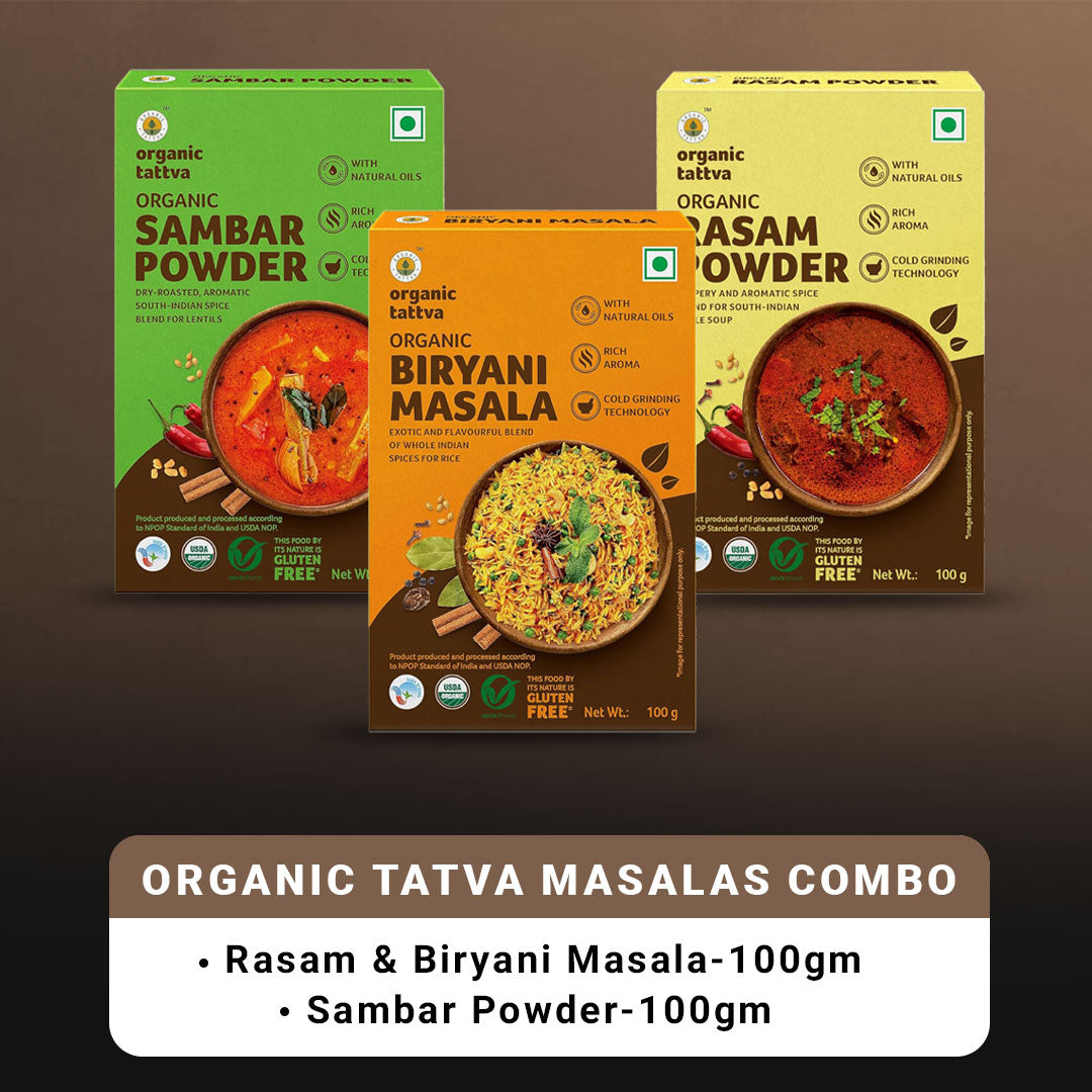 Organic Tattva South-Indian Masala Combo (100 Gm Each)- Sambar Powder, Rasam and Biryani Masala - Distacart