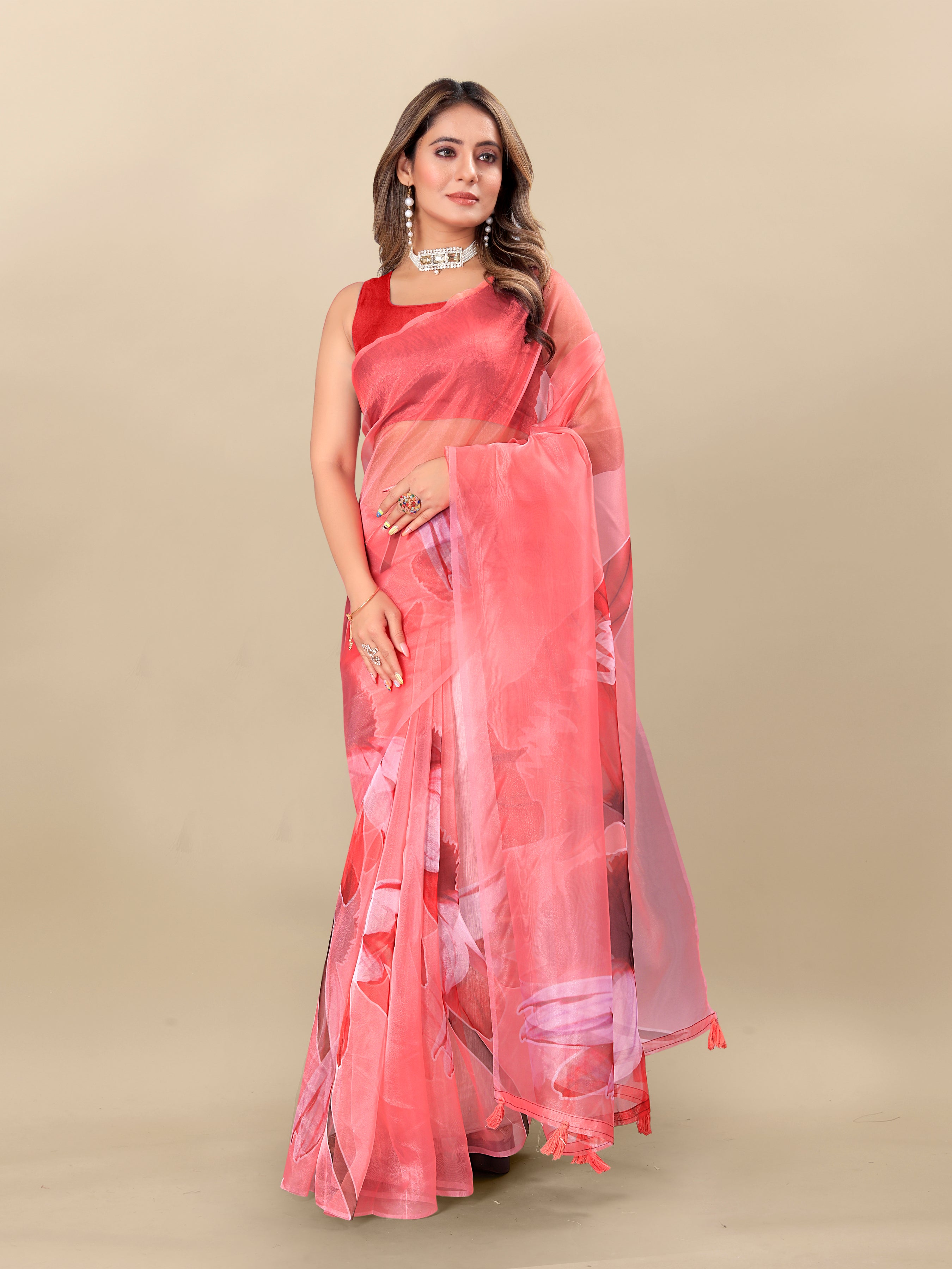 Vedant Vastram Digital Print Organza Party Wear Saree With Unstitched Blouse Piece - Red - Distacart
