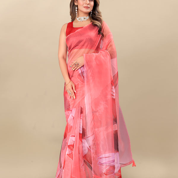 Vedant Vastram Digital Print Organza Party Wear Saree With Unstitched Blouse Piece - Red - Distacart