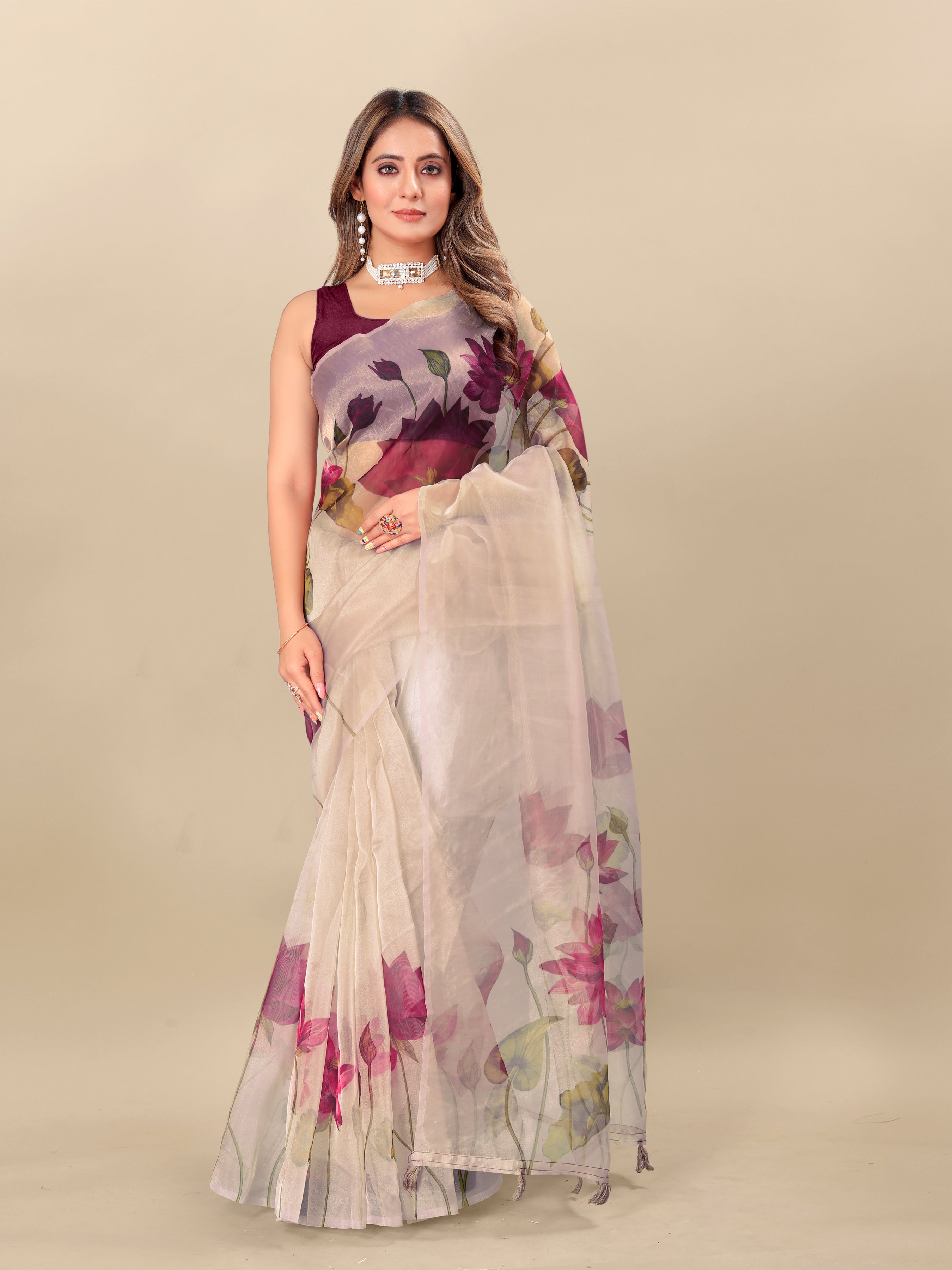 Vedant Vastram Digital Print Organza Party Wear Saree With Unstitched Blouse Piece - Purple - Distacart