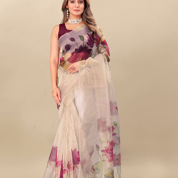 Vedant Vastram Digital Print Organza Party Wear Saree With Unstitched Blouse Piece - Purple - Distacart