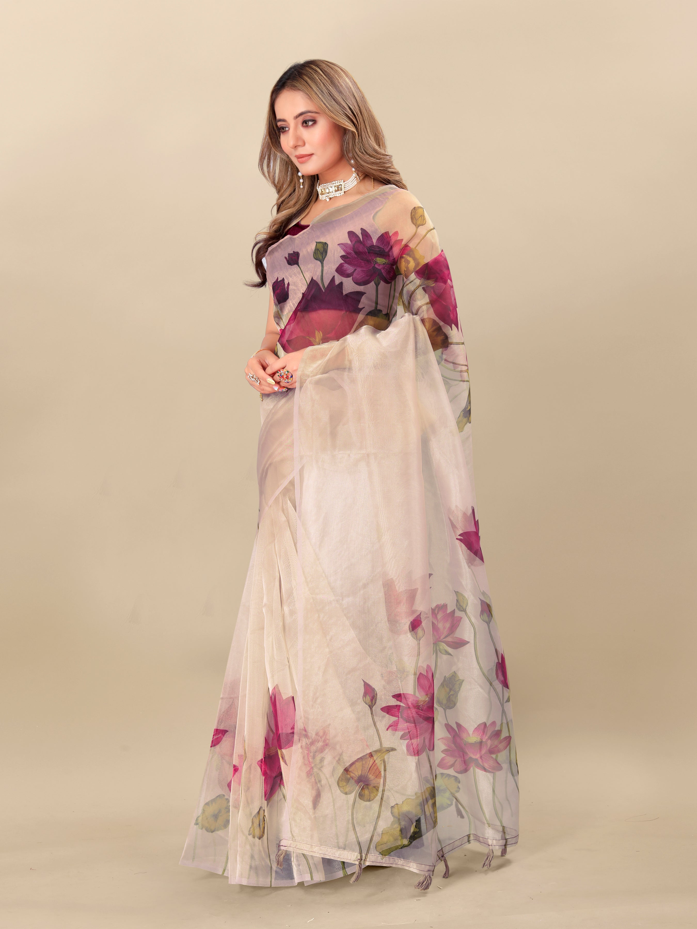 Vedant Vastram Digital Print Organza Party Wear Saree With Unstitched Blouse Piece - Purple - Distacart